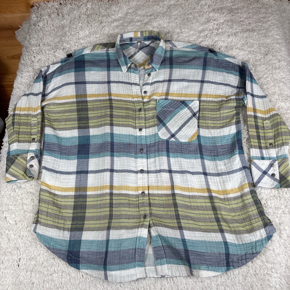 Free People Plaid Gauze Button Front Shirt Roll Tab Sleeve Pocket Size M